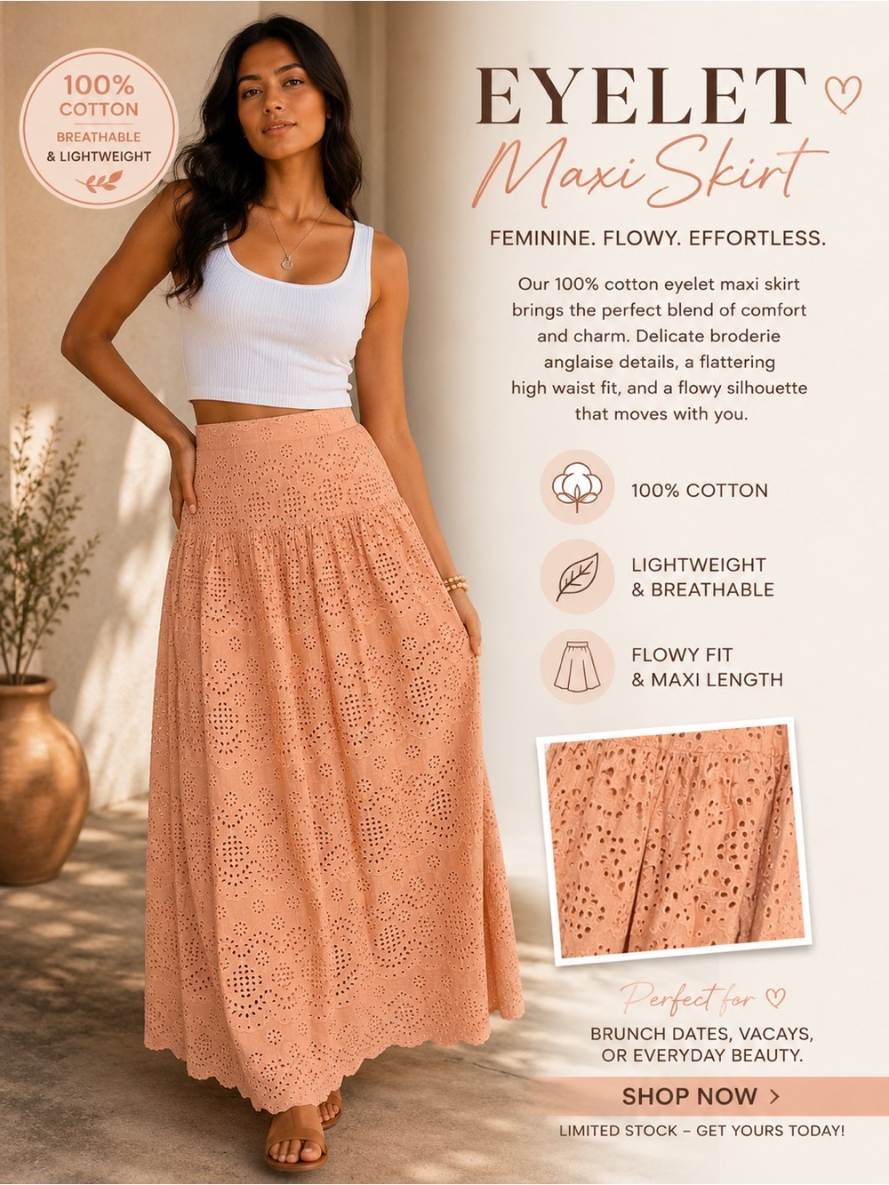 St. Roche Eyelet Maxi Skirt — Peach Cotton Midi Skirt